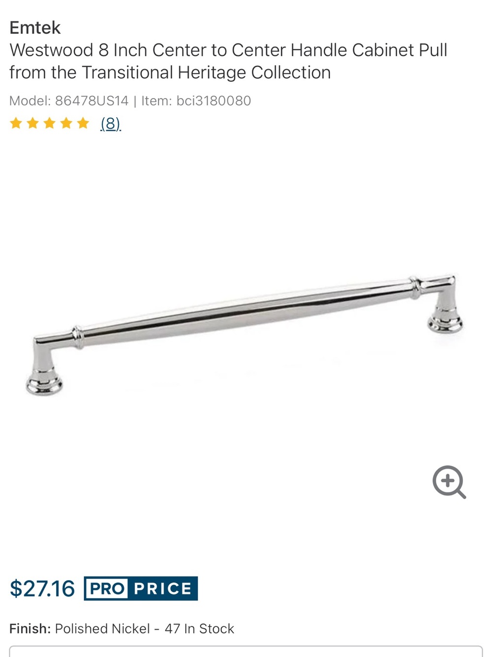 NEW 8” EMTEK Westwood cabinet pulls. Polished nickel. Quan. 3